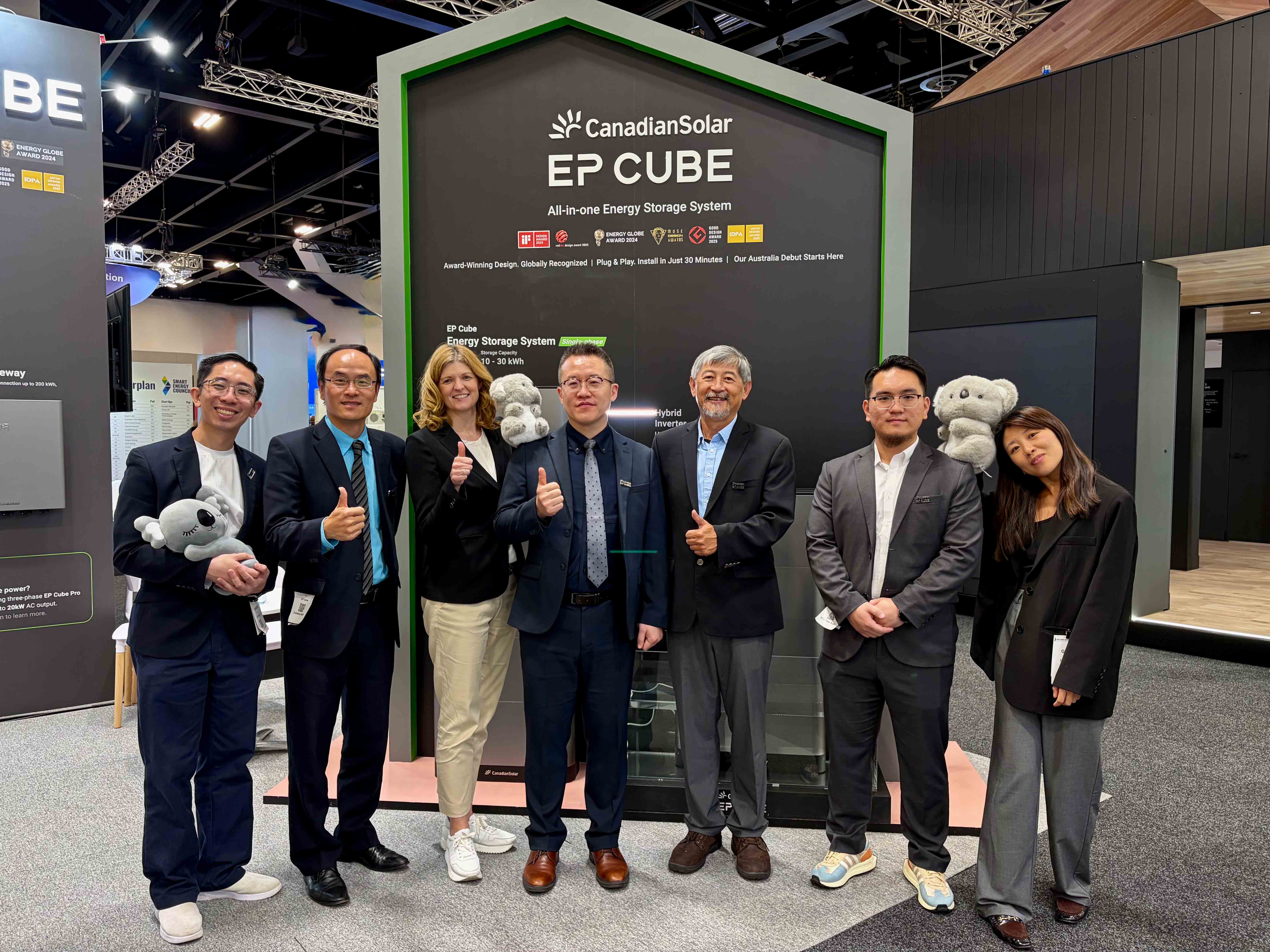 Canadian Solar EP Cube team at the Smart Energy 2026 trade show booth celebrating Australia market debut